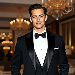 A sophisticated and elegant man in formal attire, wearing a well-tailored black tuxedo with a white dress shirt and a classic black bow tie