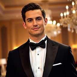 A sophisticated and elegant man in formal attire, wearing a well-tailored black tuxedo with a white dress shirt and a classic black bow tie