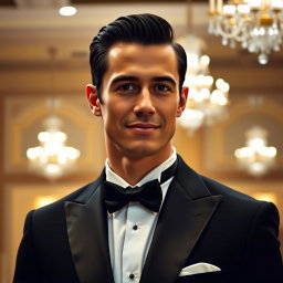 A sophisticated and elegant man in formal attire, wearing a well-tailored black tuxedo with a white dress shirt and a classic black bow tie