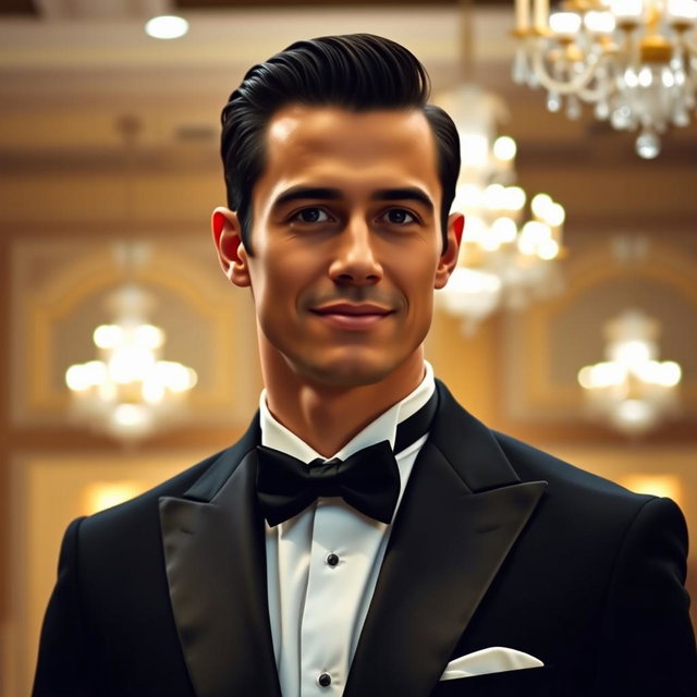 A sophisticated and elegant man in formal attire, wearing a well-tailored black tuxedo with a white dress shirt and a classic black bow tie