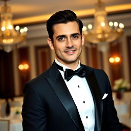 A sophisticated and elegant man in formal attire, wearing a well-tailored black tuxedo with a white dress shirt and a classic black bow tie