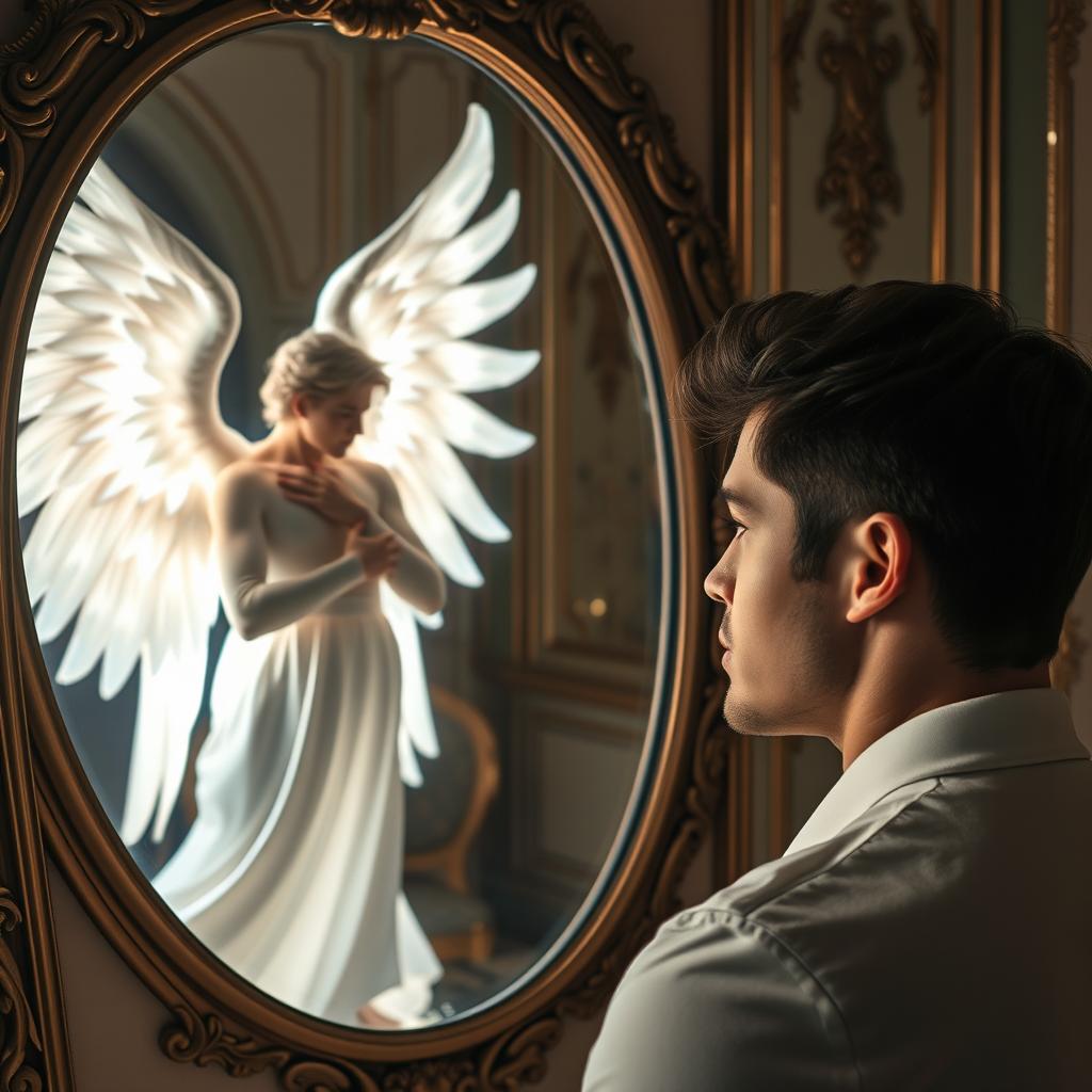 A handsome man gazing into a mirror, captivated by the sight of a stunning male angel reflecting back at him