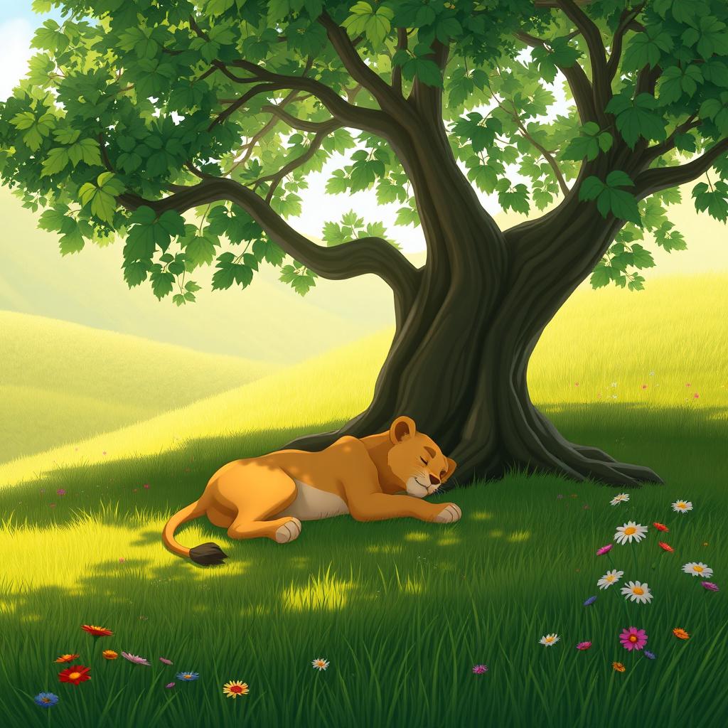 A short animated scene set in a lush green forest with vibrant grassland