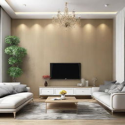 Design for a living room wall measuring 5 meters, sophisticated and tastefully adorned.