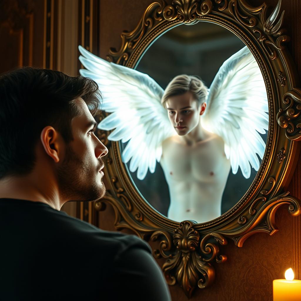 A handsome man looking into an ornate mirror, mesmerized by the image of a beautiful male angel reflected back at him