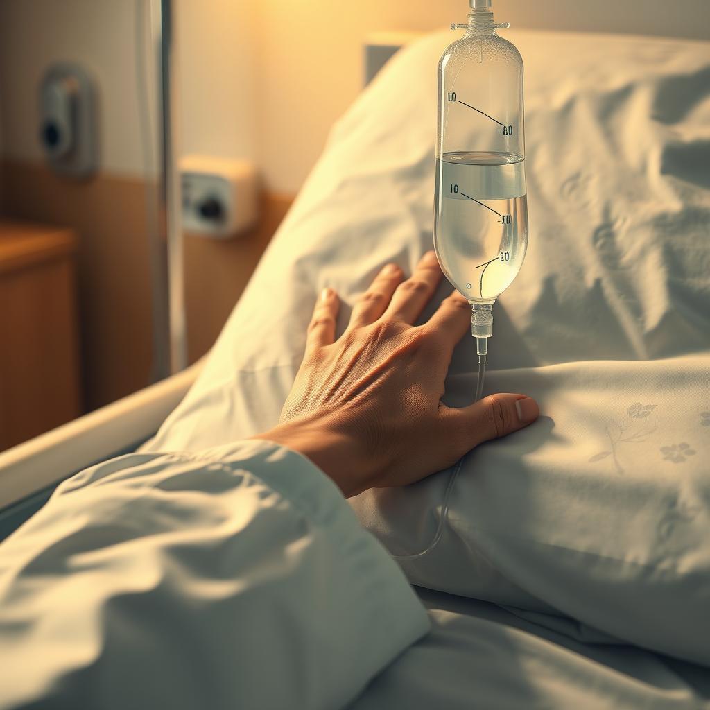 A detailed, realistic image of a hand gently resting on the side of a hospital bed with an IV drip attached