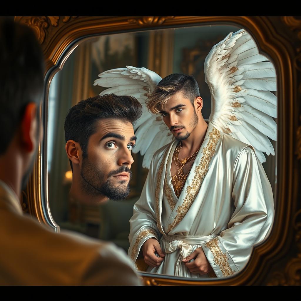 A handsome man gazing into a mirror, with an astonished look as he sees a beautifully dressed male angel reflected back at him