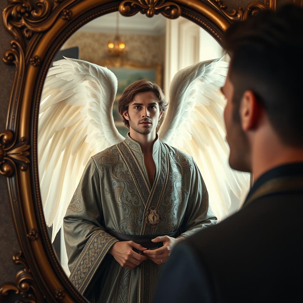 A handsome man staring into a beautifully crafted mirror, where he sees a striking male angel dressed in elegant robes