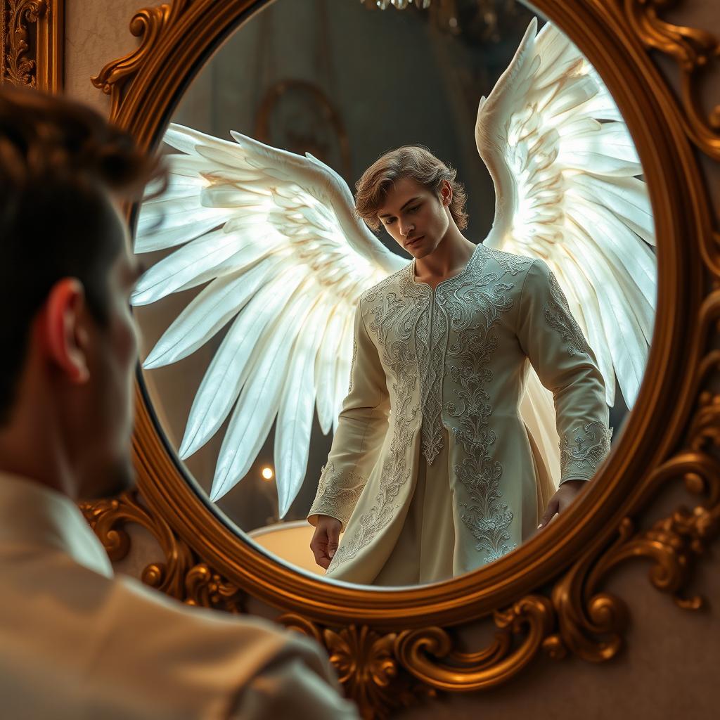 A handsome man gazing into an ornate mirror, captivated by the sight of a beautiful, heavenly male angel dressed in elegant attire