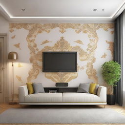 Design for a living room wall measuring 5 meters, sophisticated and tastefully adorned.