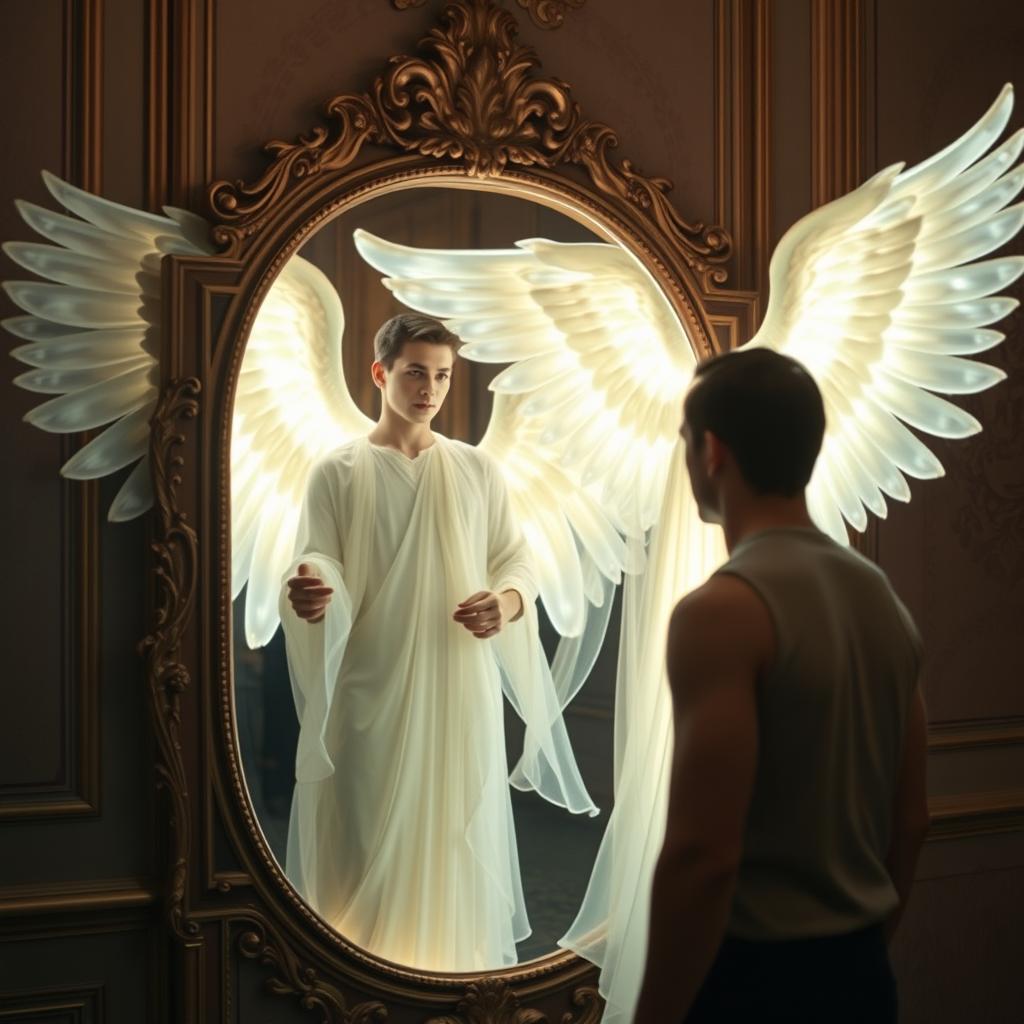 A handsome man standing in front of an ornate mirror, looking intently at the reflection of a celestial male angel