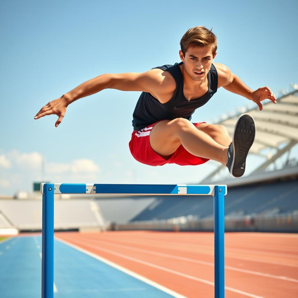 A dynamic scene depicting an athletic young man with short brown hair and a confident expression, wearing a black tank top and red shorts, performing an impressive high jump in mid-air over a bright blue hurdle against a sunny backdrop of a professional athletic track