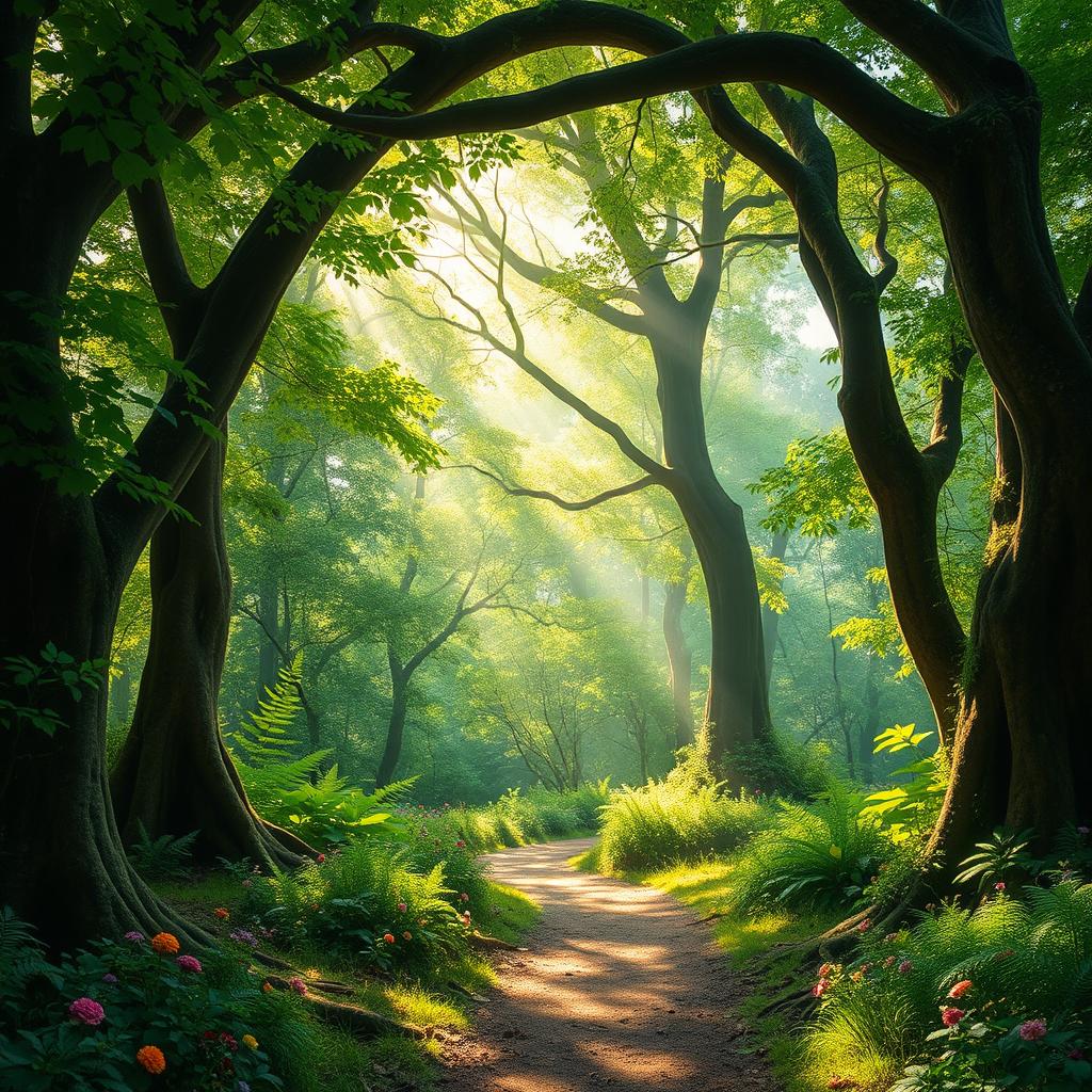 An enchanting forest archway created by intertwining trees, sunlight filtering through the lush green leaves, casting dappled shadows on the forest floor
