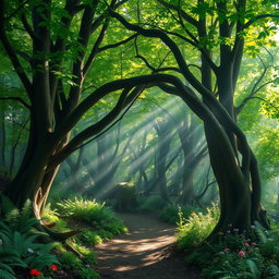 An enchanting forest archway created by intertwining trees, sunlight filtering through the lush green leaves, casting dappled shadows on the forest floor