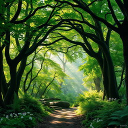 An enchanting forest archway created by intertwining trees, sunlight filtering through the lush green leaves, casting dappled shadows on the forest floor