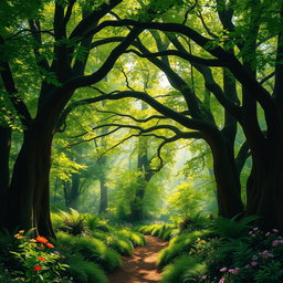 An enchanting forest archway created by intertwining trees, sunlight filtering through the lush green leaves, casting dappled shadows on the forest floor