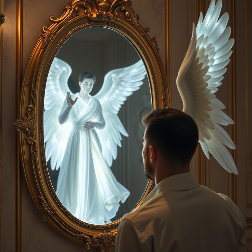A handsome man looking into an ornate mirror, mesmerized by the reflection of a celestial male angel