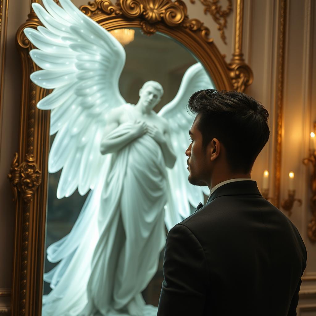 A strikingly handsome man standing before an ornate mirror, entranced by the reflection of a magnificent male angel