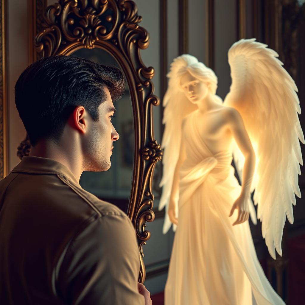 A beautiful man gazing into an ornate mirror, captivated by the reflection of a majestic male angel