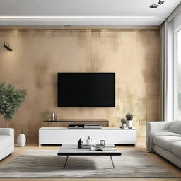 Design for a living room wall measuring 5 meters, sophisticated and tastefully adorned.