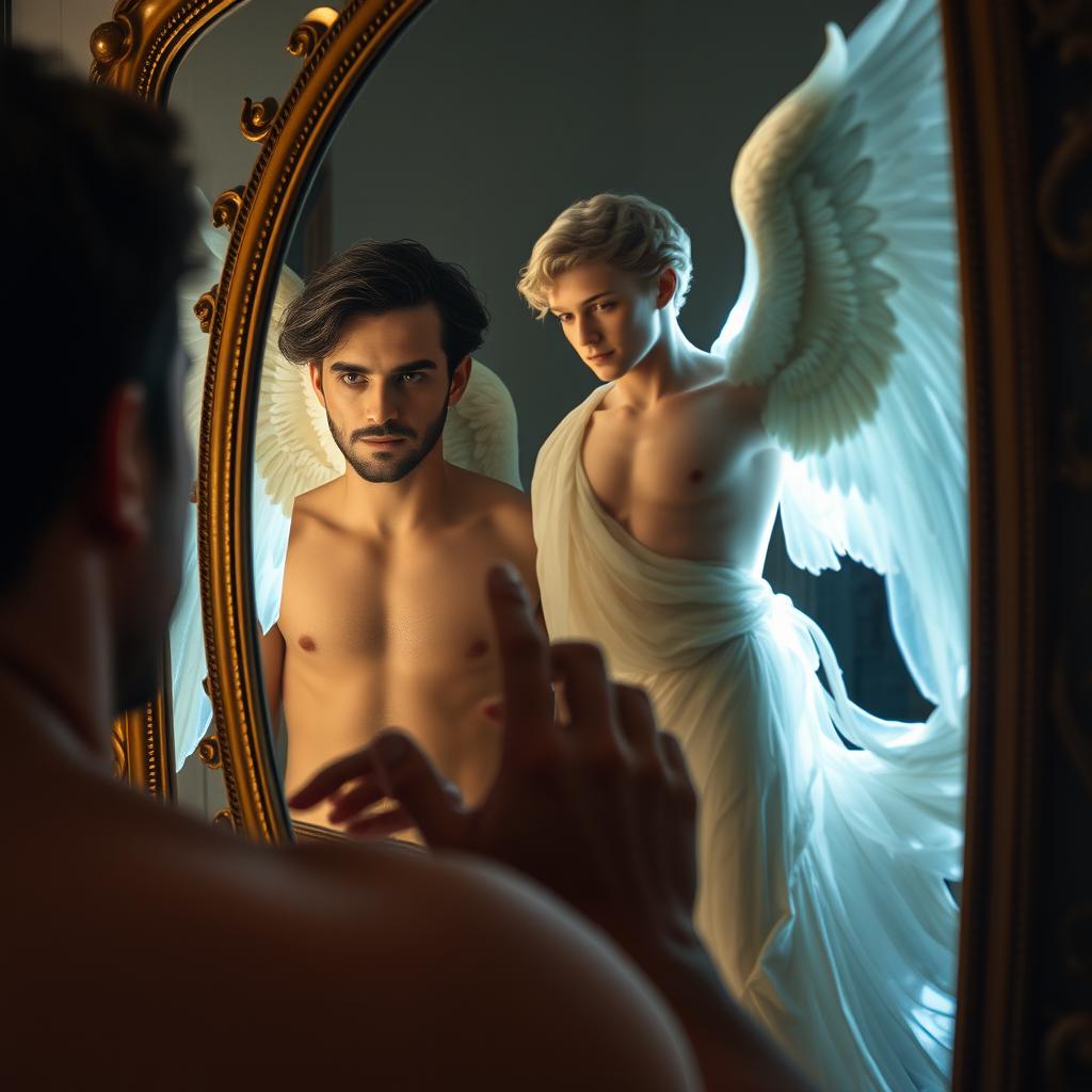 A beautiful man gazing into a lavish mirror, captivated by the reflection of a stunning male angel