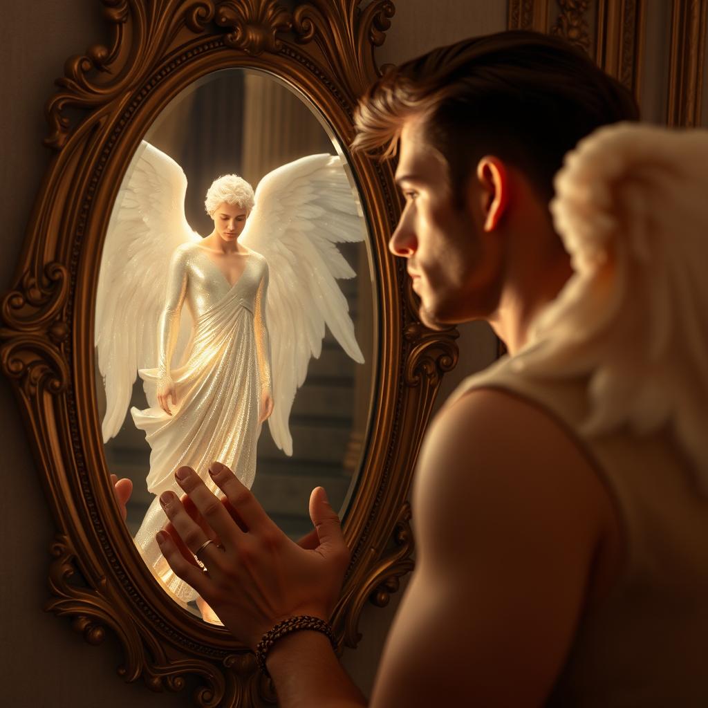 A beautiful man gazing into an ornate mirror, mesmerized by the reflection of a celestial male angel