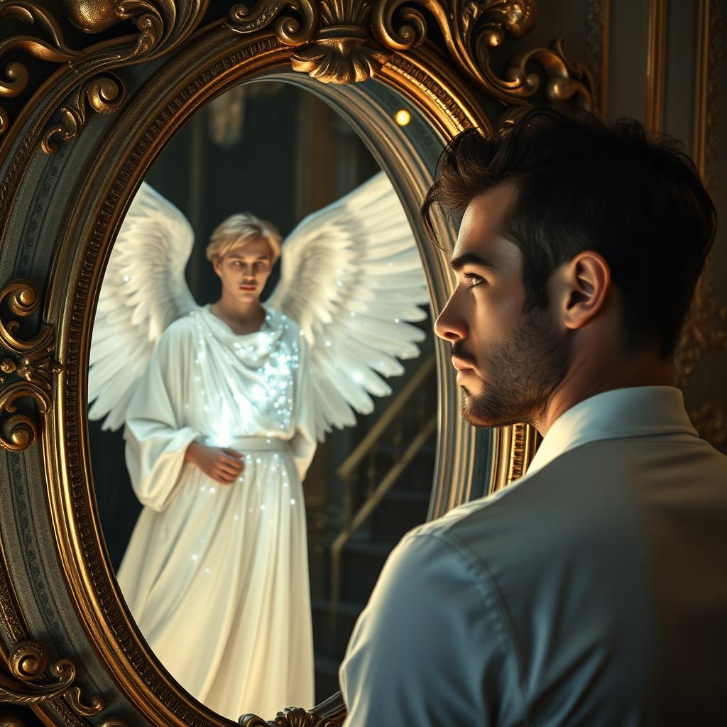 A beautiful man looking into an ornate mirror, mesmerized by the reflection of a celestial male angel beside him