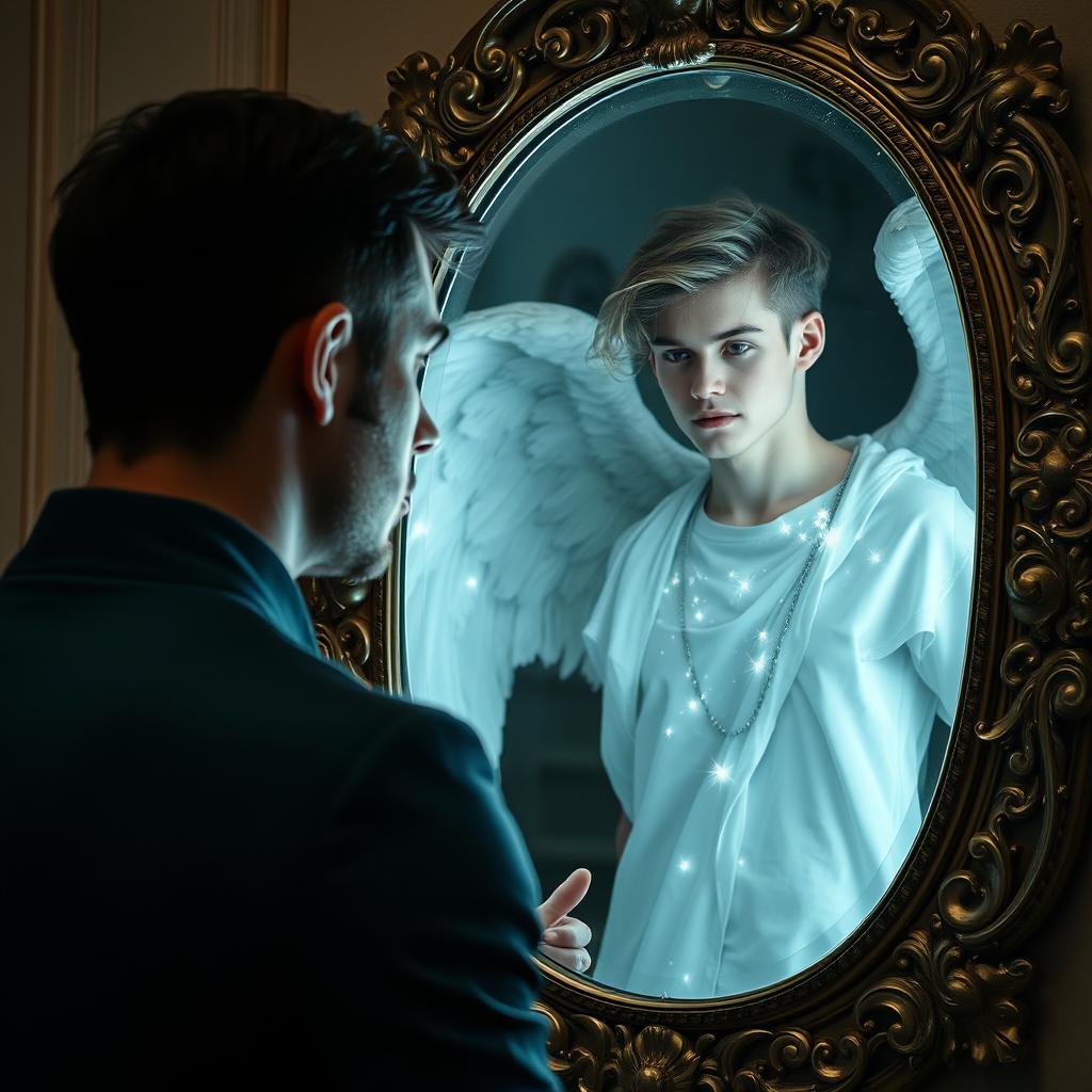 A handsome man looking into an elegant mirror, enchanted by the reflection of a male angel beside him
