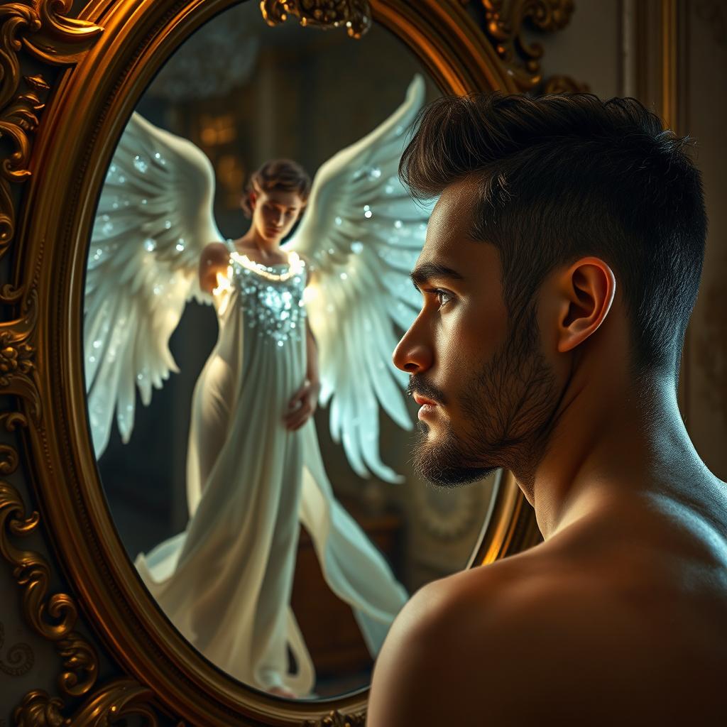 A handsome man gazing into an ornate mirror, captivated by the reflection of a male angel standing beside him