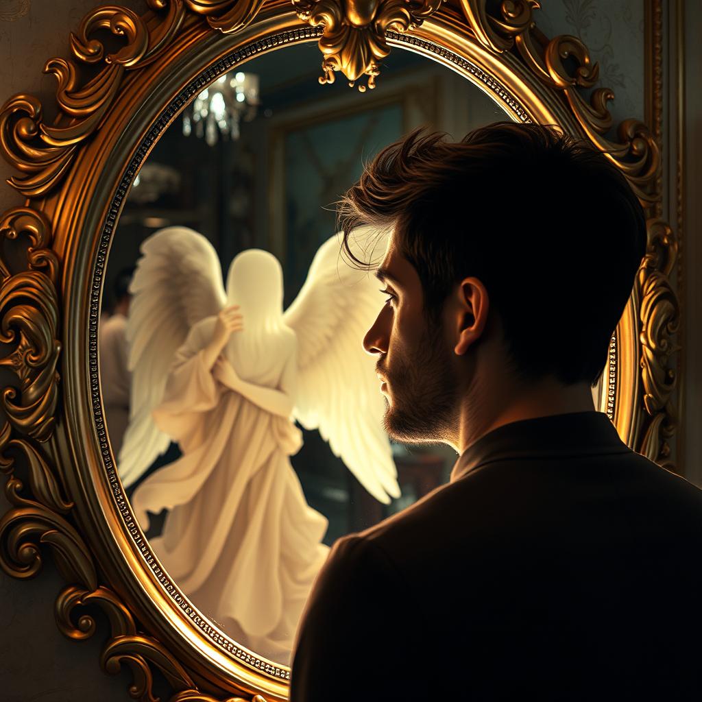 A beautiful man gazing into an ornate mirror, captivated by the reflection of a male angel beside him