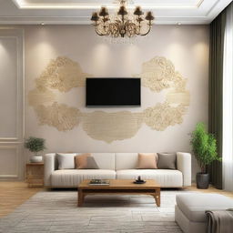 Design for a living room wall measuring 5 meters, sophisticated and tastefully adorned.