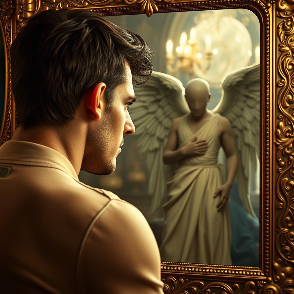 A strikingly handsome man gazing into a beautifully crafted mirror, mesmerized by the reflection of a male angel standing next to him