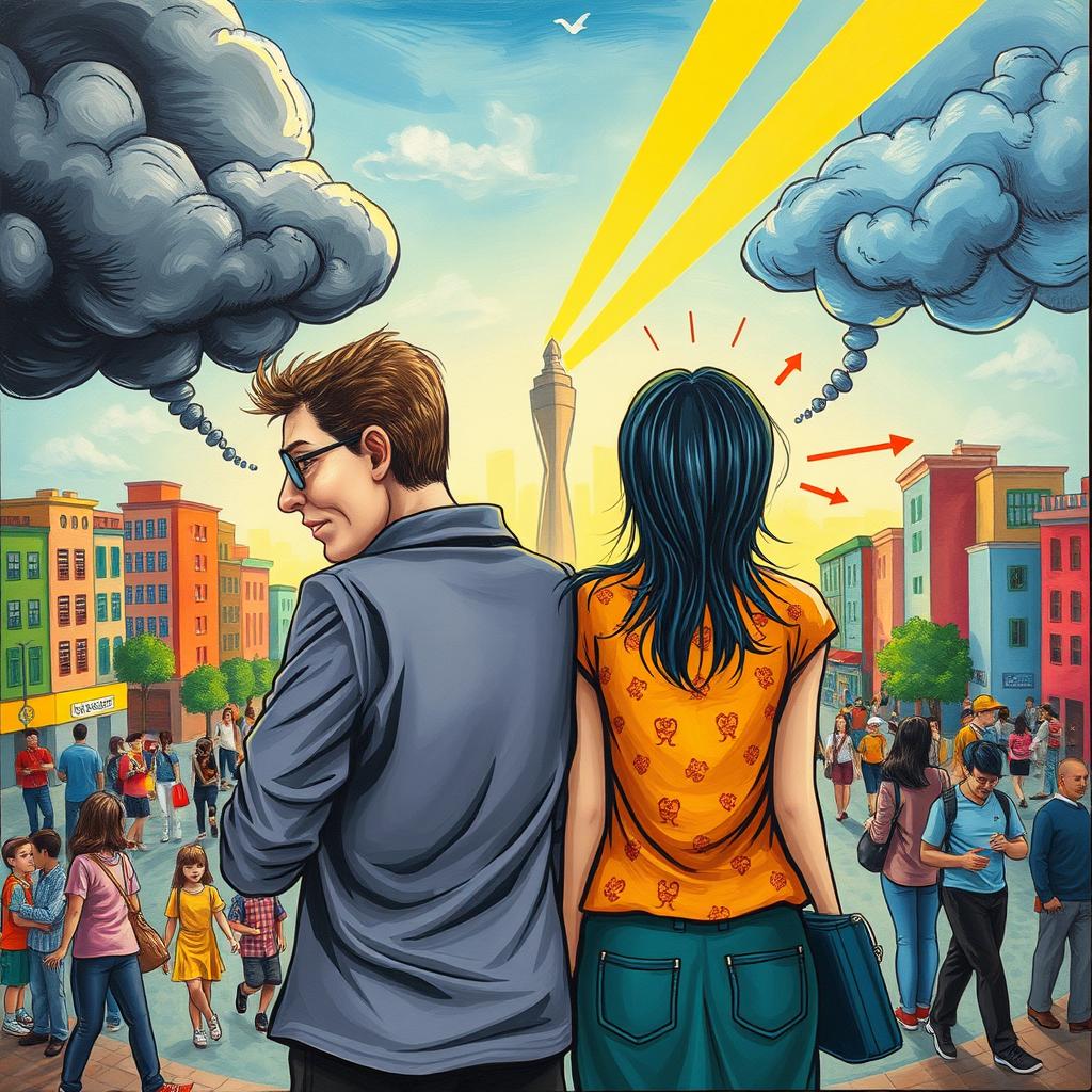 An artistic depiction of the social issue of backbiting, showcasing two friends in a vibrant and expressive setting