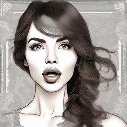 A high-quality digital art depiction showcasing a brunette woman looking directly at the camera, her tongue subtly licking her lips