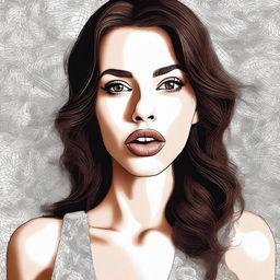 A high-quality digital art depiction showcasing a brunette woman looking directly at the camera, her tongue subtly licking her lips