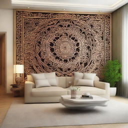 An intricate design for a five meter long living room wall, stylish and unique.