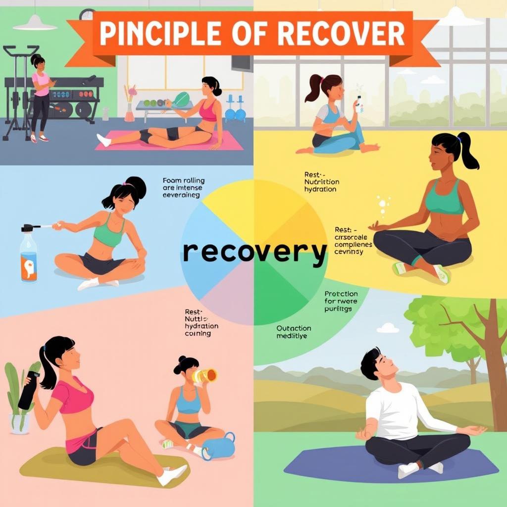 A vibrant and educational illustration showcasing the principle of recovery in physical education
