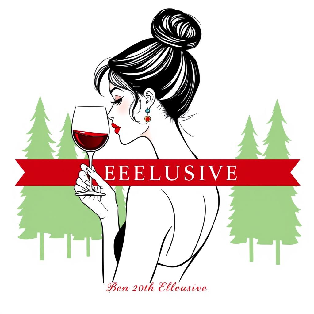 A minimalist illustration of an elegant woman with her hair tied up, holding a wine glass in a relaxed gesture