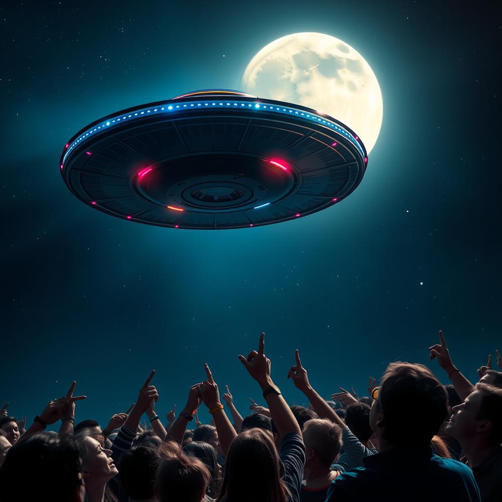 A stunning scene depicting a UFO flying in the night sky above a crowd of people who are gazing up in awe