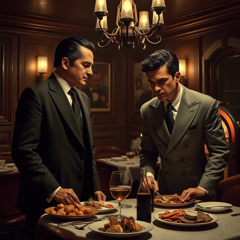 A dramatic scene depicting two mafia members in a classic Italian restaurant, inspired by 'The Godfather'