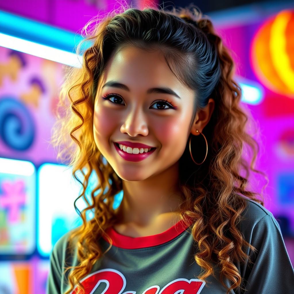 A charming adult woman with an adorable face, long curly hair, and an attractive figure