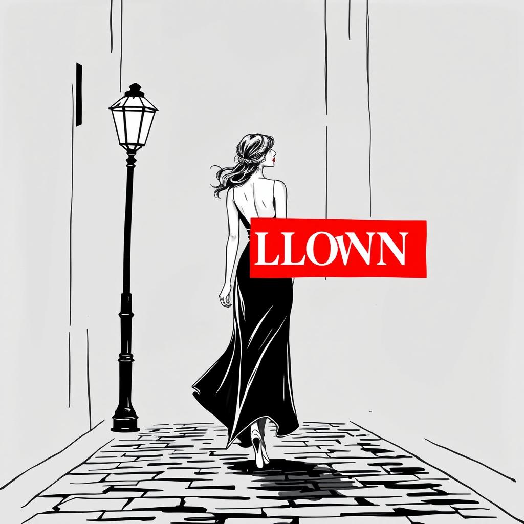 A minimalist illustration of a mysterious woman walking away on a narrow cobblestone street at night, her silhouette elegantly elongated