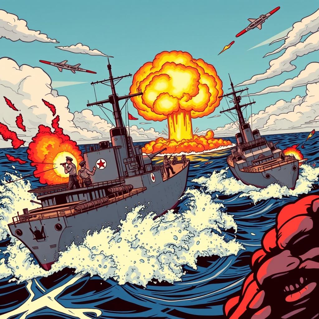 A vibrant and dynamic comic-style illustration depicting two navy ships engaged in an intense battle on the Pacific Ocean