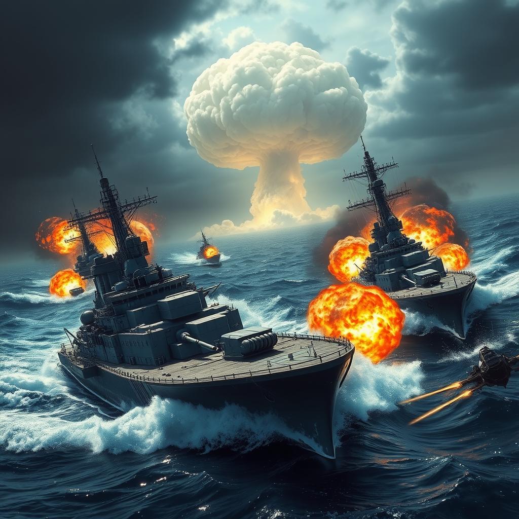 An intense naval battle scene in the Pacific Ocean, showcasing two powerful navies engaged in combat