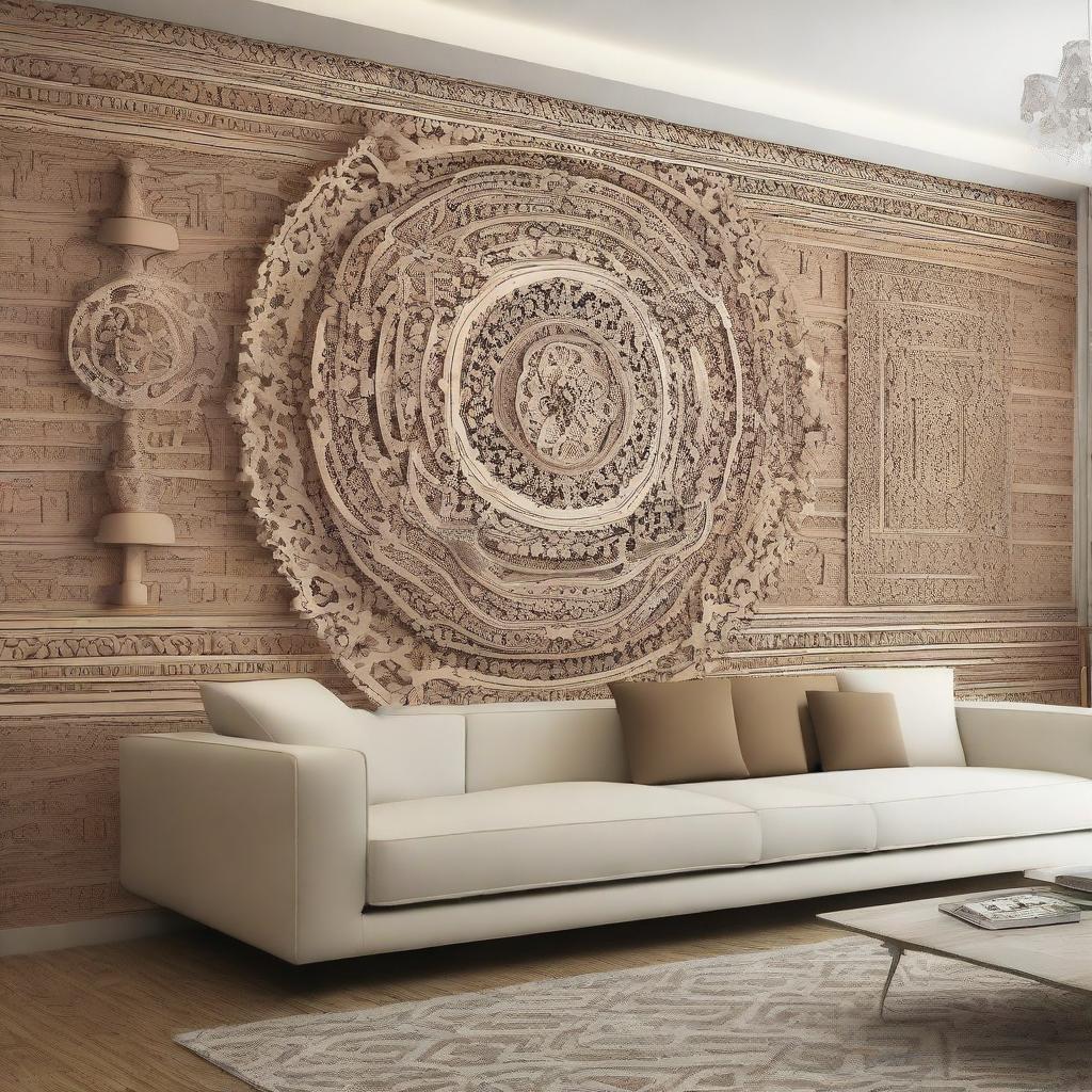 An intricate design for a five meter long living room wall, stylish and unique.