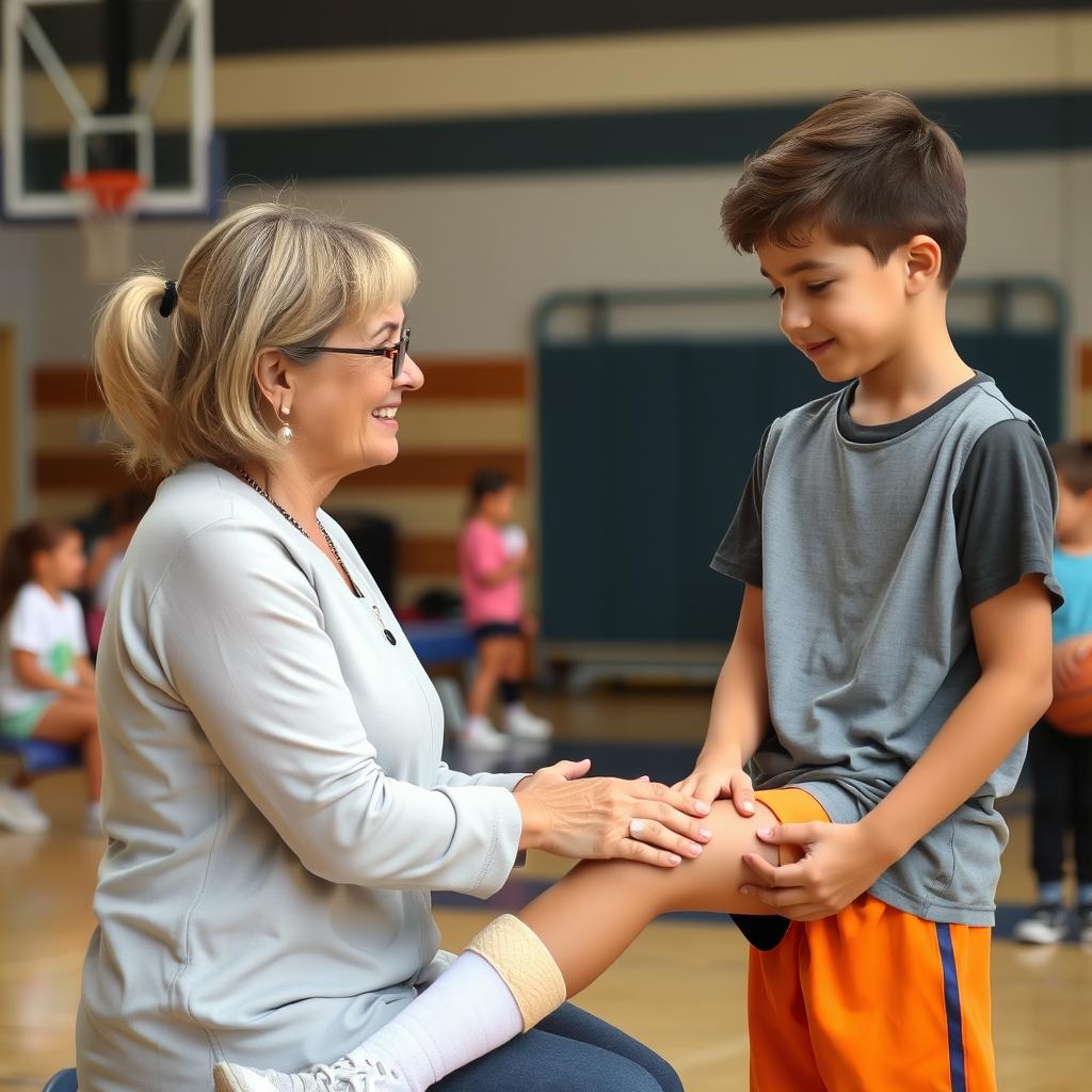 An emotionally uplifting scene depicting a caring teacher assisting a student with a minor sports injury