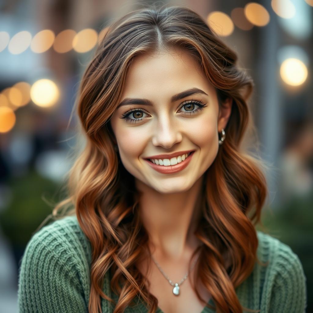 Edit profile picture featuring a stunning portrait of a confident young adult woman with wavy chestnut hair, bright hazel eyes, and a radiant smile