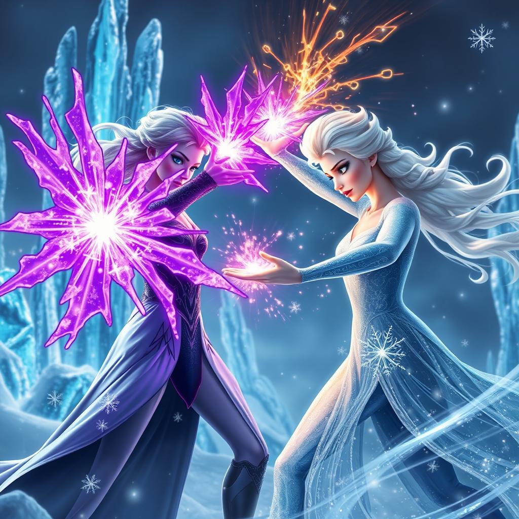 A dramatic scene of a powerful ice queen battling her good counterpart, both depicted as stunningly beautiful versions of Elsa