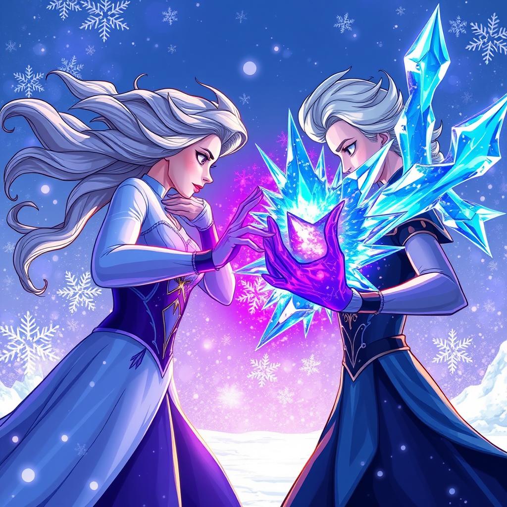 A stunning illustration of Elsa from Frozen, engaged in a dynamic battle using purple ice magic