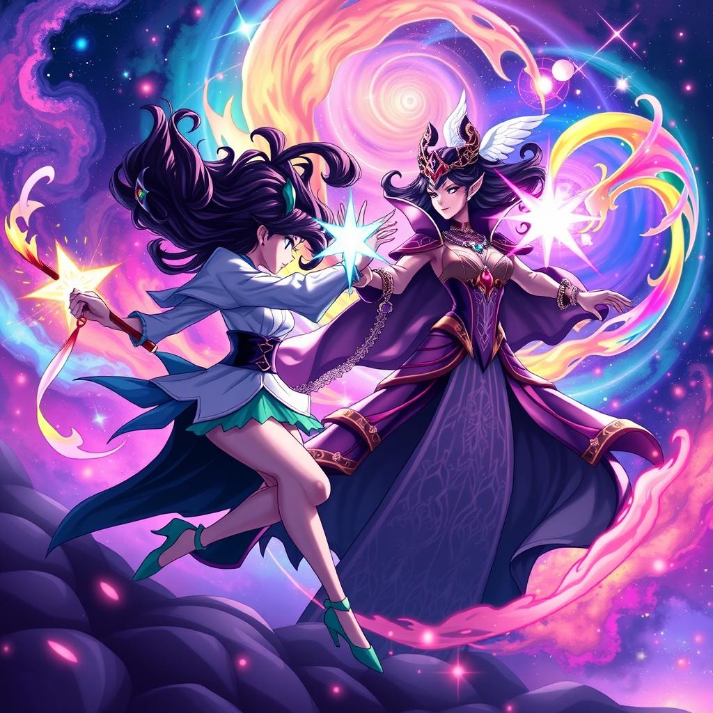 A vivid and dynamic scene of Star fighting with Eclipsa, set against a cosmic backdrop filled with swirling nebulae and distant stars